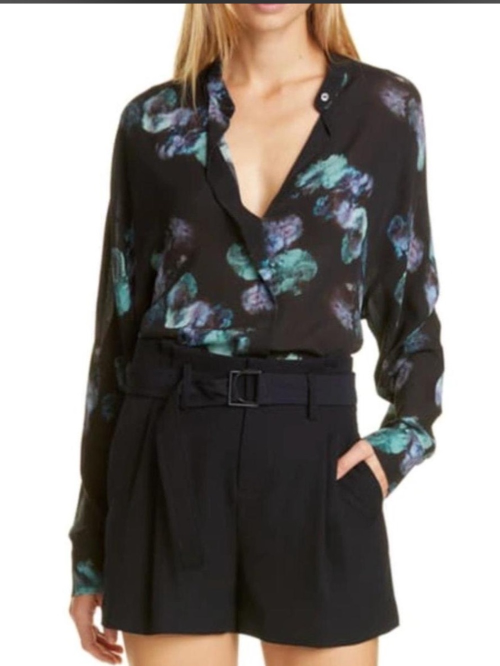 Vince Silk semi-Sheer Black Blouse with Teal & Purple Floral Print
